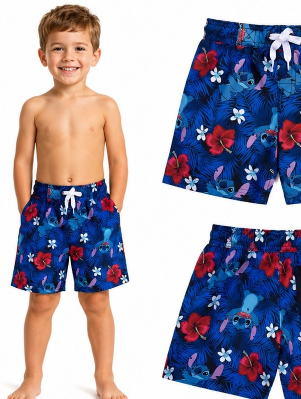 DISNEY Boys Blue Floral Stitch Swim Trunks Size 4-5 NWT